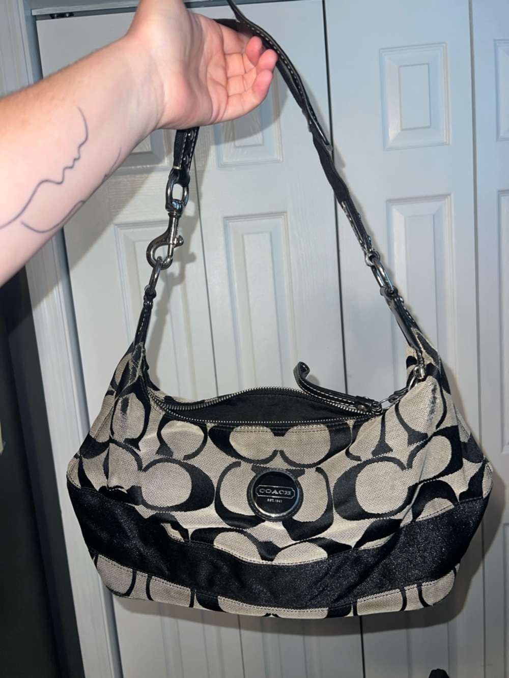 Coach Black and Cream Signature Jacquard Shoulder Bag